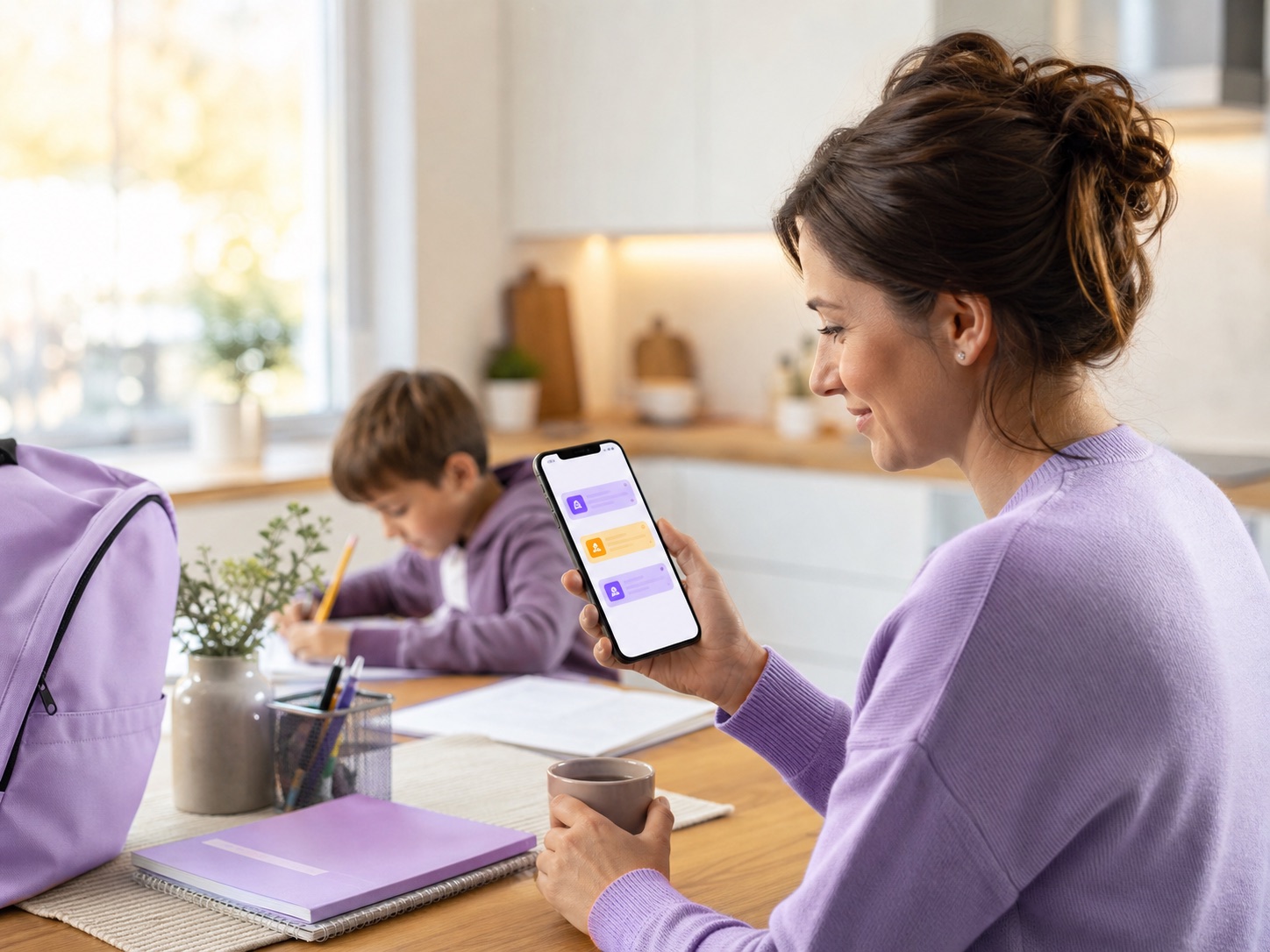 Madre consultando KiddoSync en el móvil mientras su hijo hace deberes